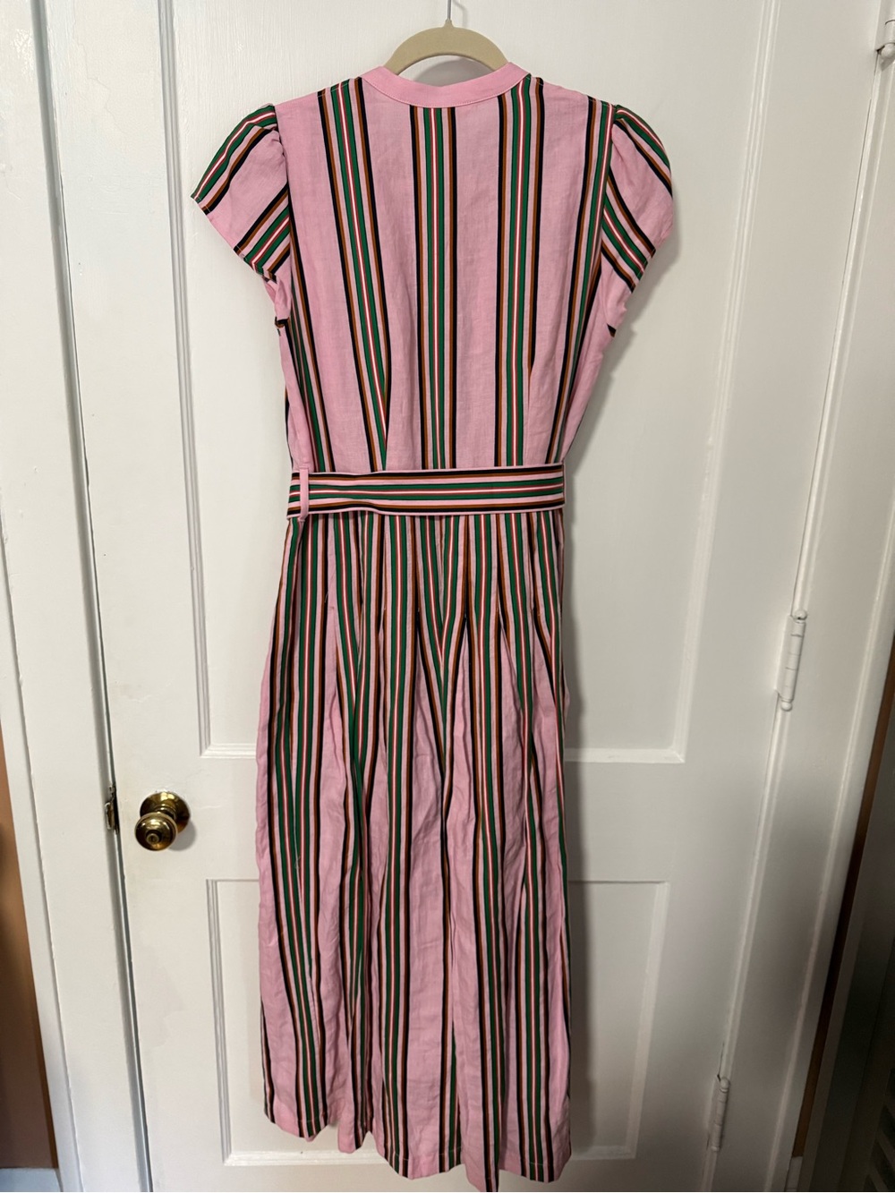 Boden Pink Striped Button Front Maxi Shirt Dress Linen Tie Belt Pockets EUC Sz 6 - Picture 2 of 7